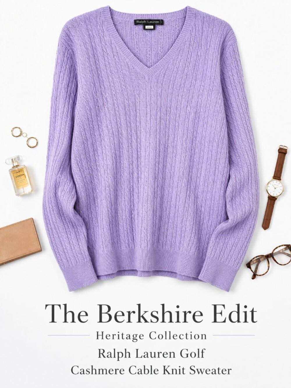 Ralph Lauren Golf 100% Cashmere Cable Knit V Neck Sweater Lavender L